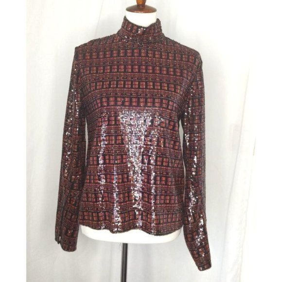 Zara Top M Sequin High Collar Mock Neck Long Sleeve Slit Cuff Party - Picture 4 of 15